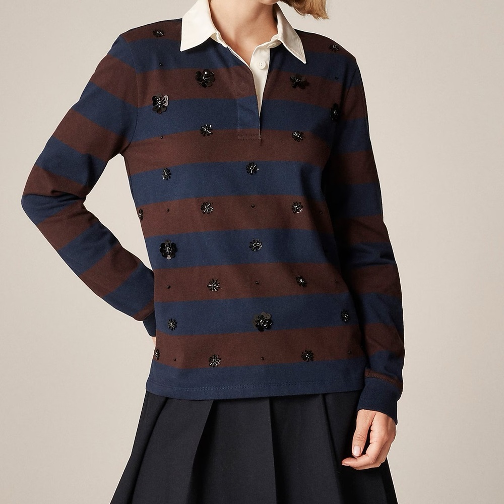NWT JCrew Premium weight rugby shirt with embellishments, M